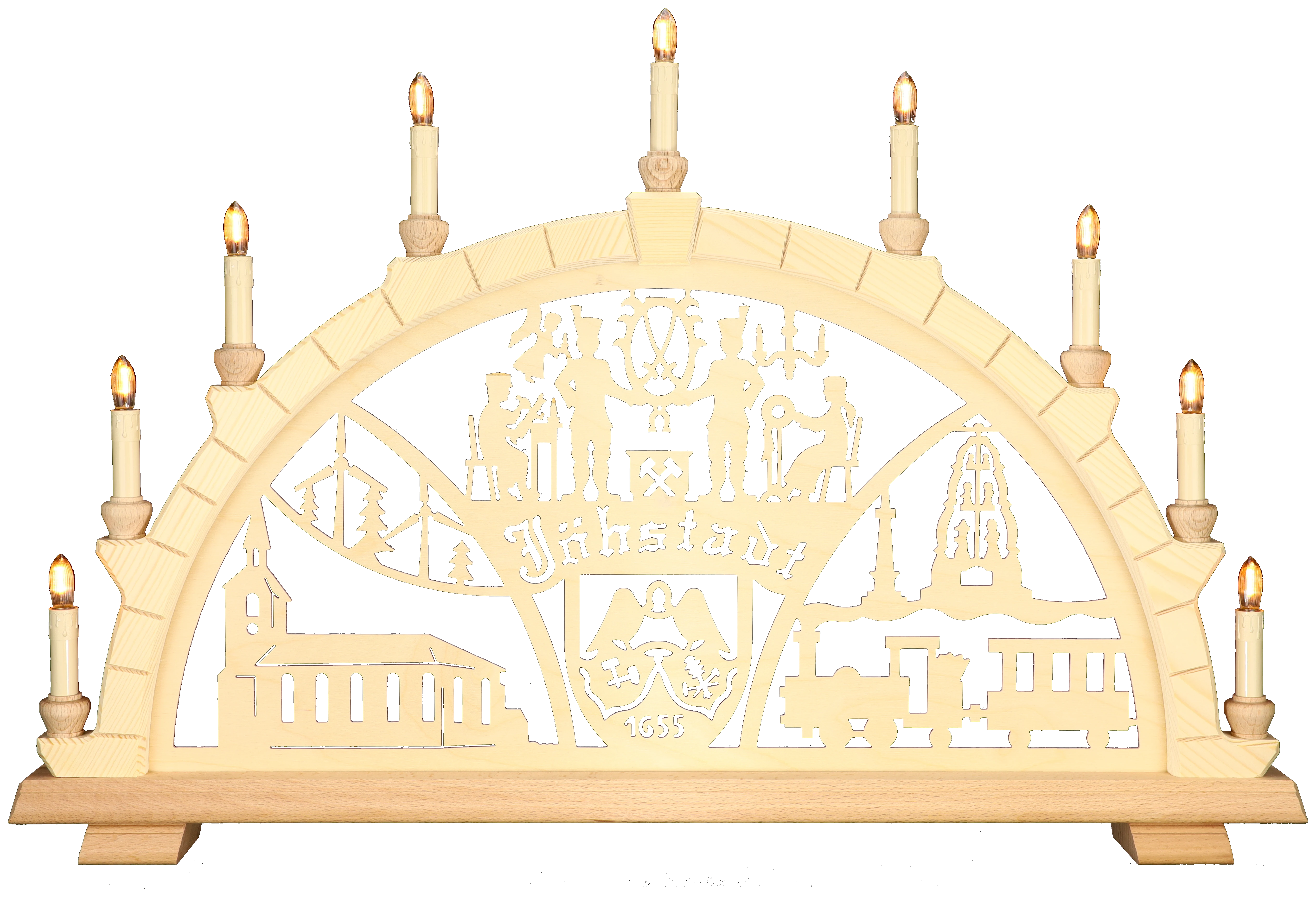 Schwibbogen groß - Ortsmotiv Jöhstadt Erzgebirge - Breite 74cm - mit LED Licht, warmweiß