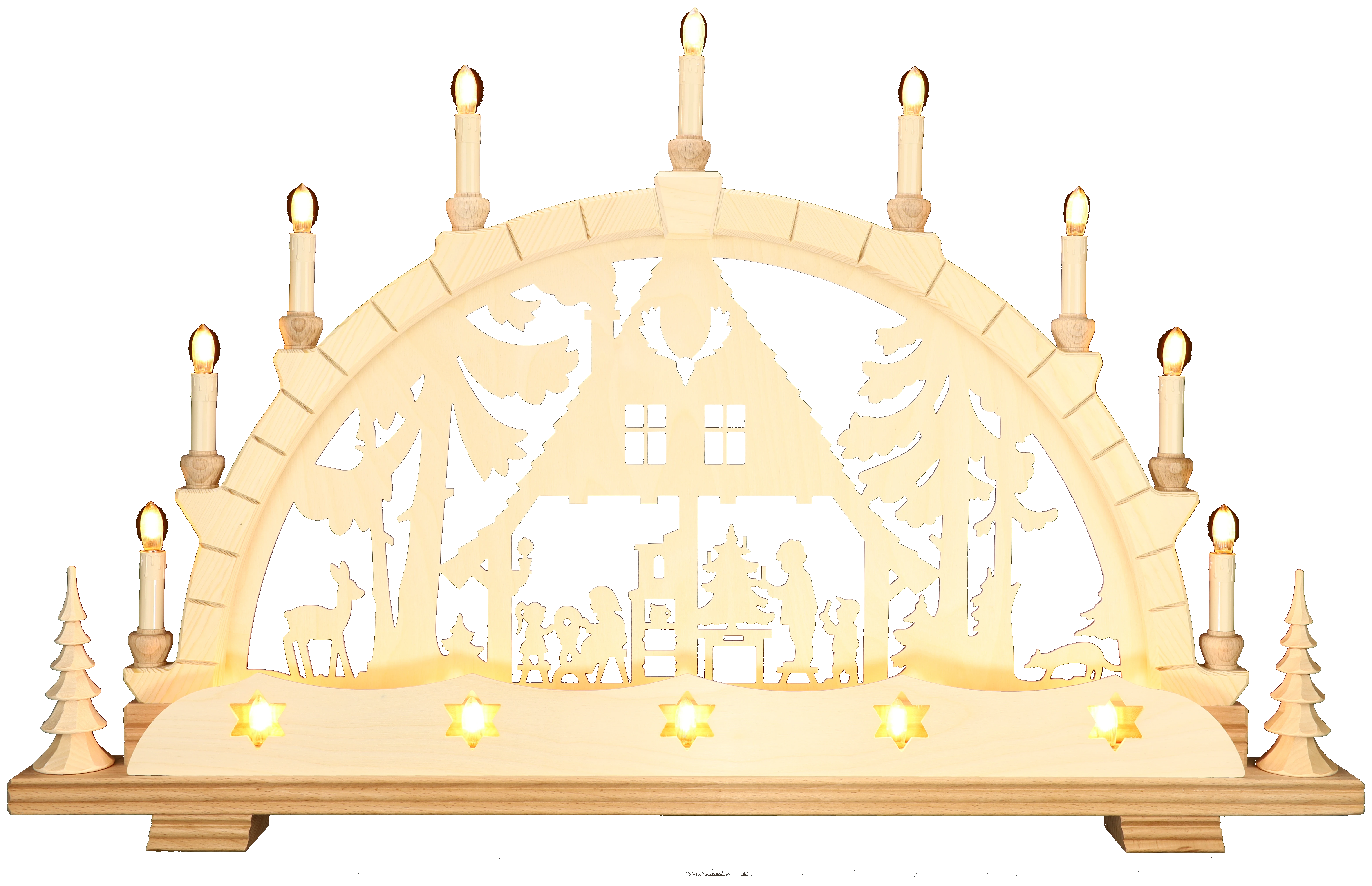 Schwibbogen groß - mit Vorderbeleuchtung - Motiv Waldhaus Erzgebirge - Breite 82cm - mit LED Licht, warmweiß